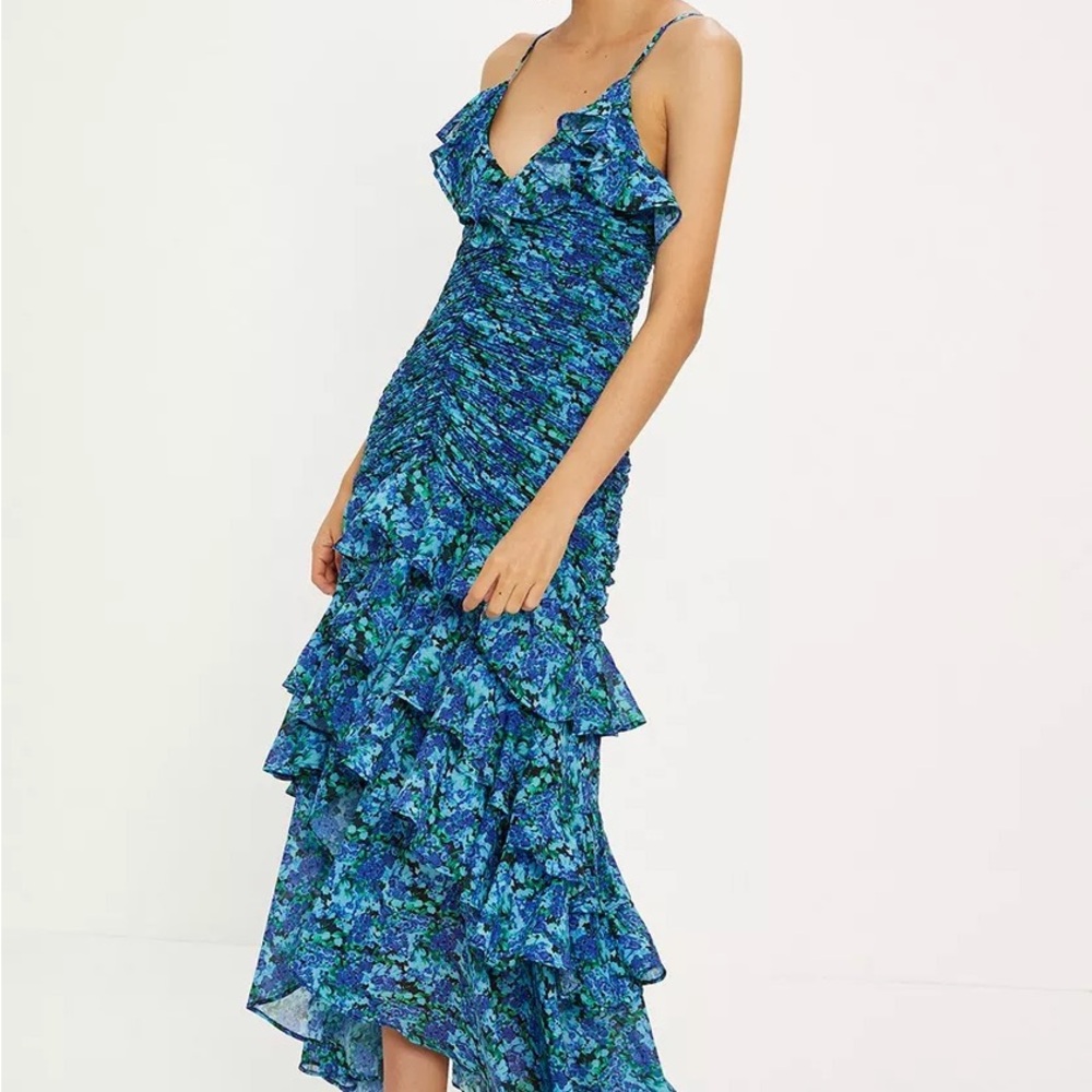 Oasis Ditsy Ruched Midi Dress in Blue Floral